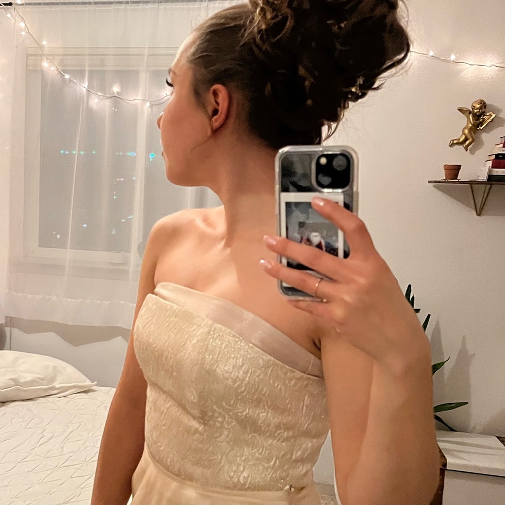 Linda Bernell Morgan and Co Gold crème Two piece prom dress strapless Corset VTG